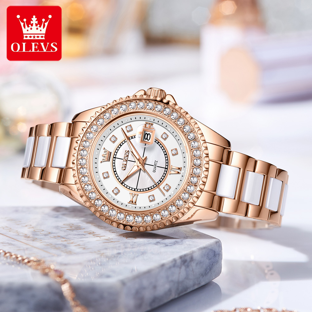 Luxury Ceramic Watch - OLEVS 3685 高級レディース腕時計トップカレンダーダイヤモンドベゼル発光防水ファッションクォーツムーブメントレディース腕時計
