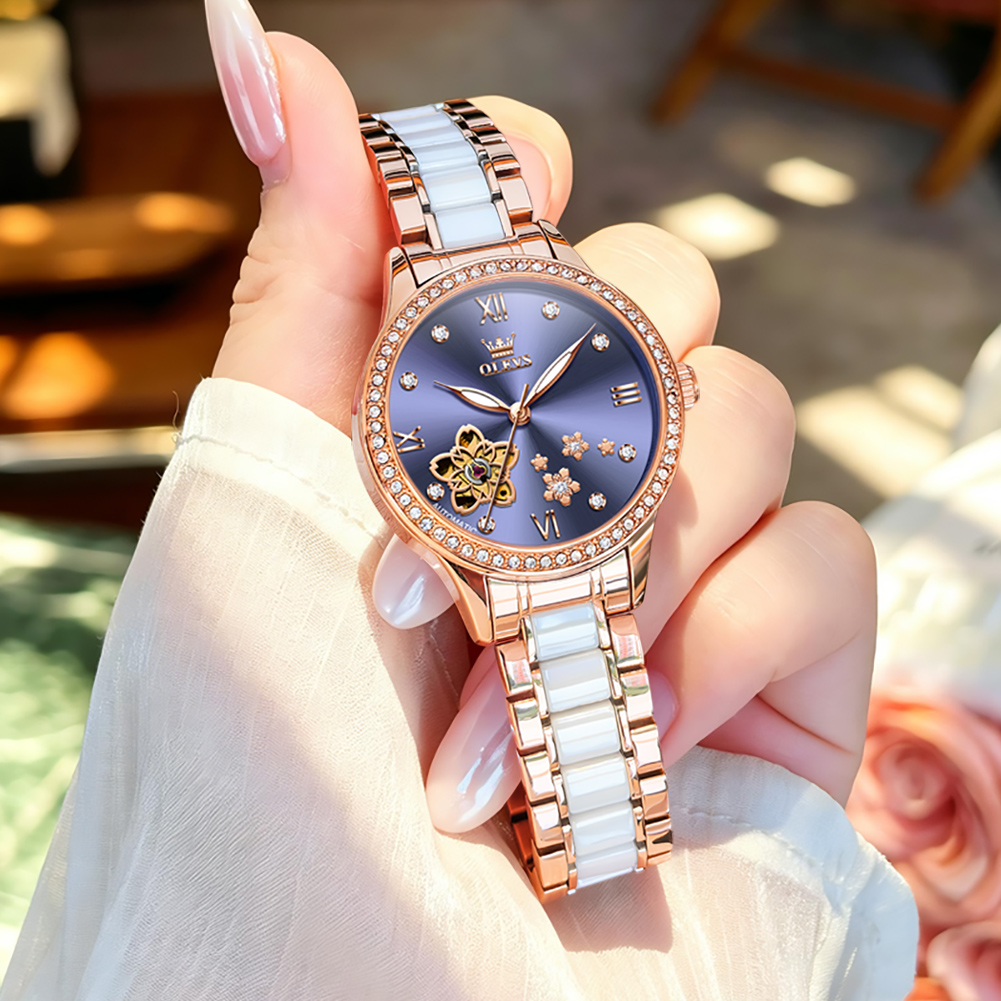 Luxury Ceramic Watch - OLEVS ローズゴールドセラミックブレスレット自動巻き時計女性用ダイヤモンドベゼル中空花柄ダイヤル防水高級レディース腕時計