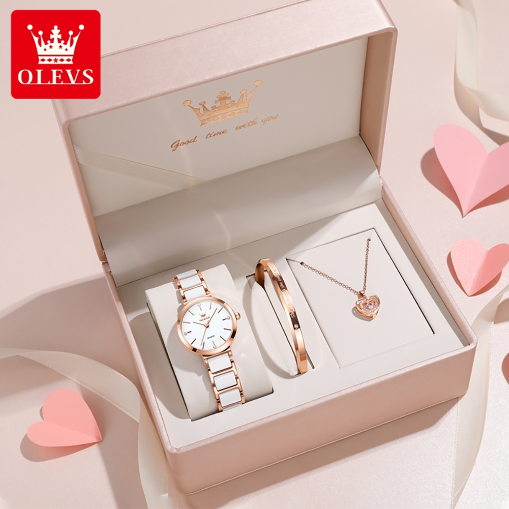 Luxury Ceramic Watch - OLEVSレディース腕時計5877高級エレガントクォーツ腕時計防水夜光セラミックストラップレディース腕時計ブレスレットセットギフトボックス時計