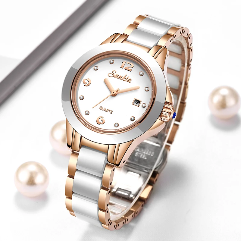 Luxury Ceramic Watch - Sunkta ファッションカジュアルクォーツ女性腕時計エレガントな高級セラミックダイヤモンドカレンダー防水レディース女性用腕時計モントレファム