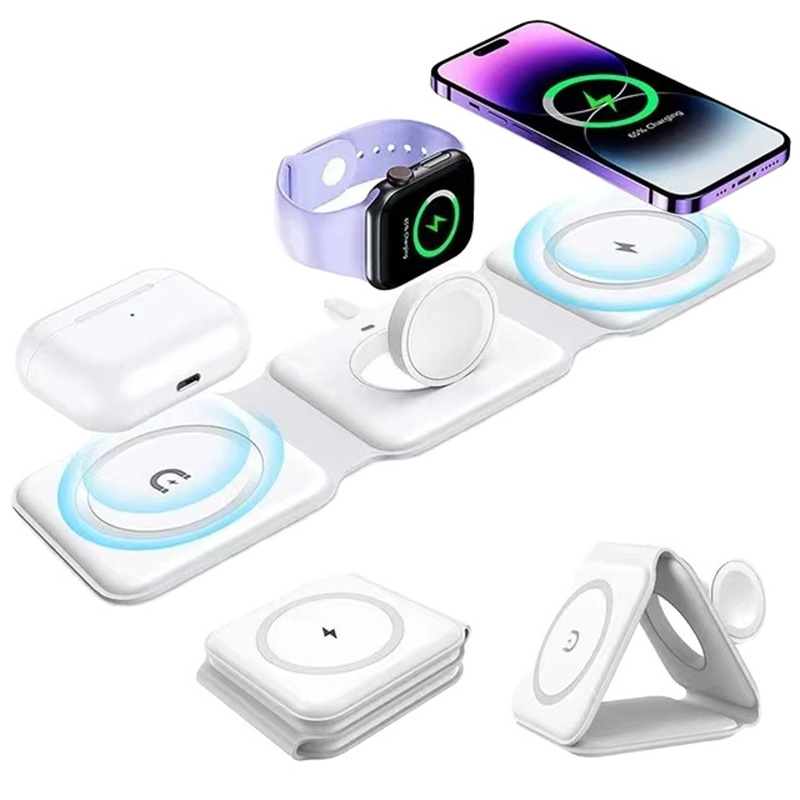 Smartwatch Apple Watch - 3-in-1 磁気折りたたみ式ワイヤレス充電器、15W急速充電、USB Type-C、携帯電話、時計、イヤホン用