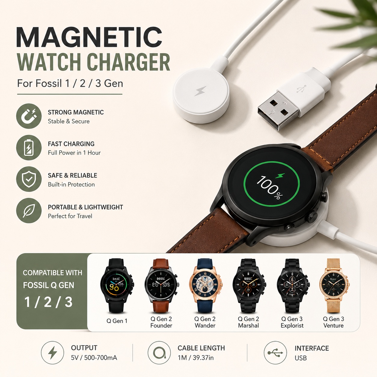 Fossil Watches Smartwatch Charger - USB ウォッチ充電器アダプター スマートウォッチ充電ケーブル ドック交換用アクセサリー Fossil Gen