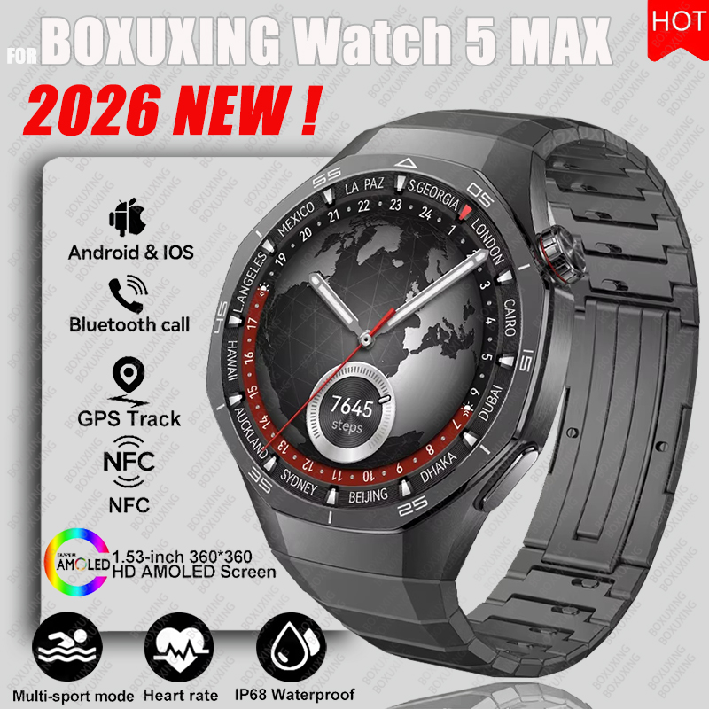 Smartwatch Watches For Women With Gps - 2026年新型BOXUXING Watch 5 MAXスマートウォッチ、HD AMOLEDスクリーン、NFC、GPSトラッカー、Bluetooth通話、健康防水機能搭載、男女兼用スマートウォッチ