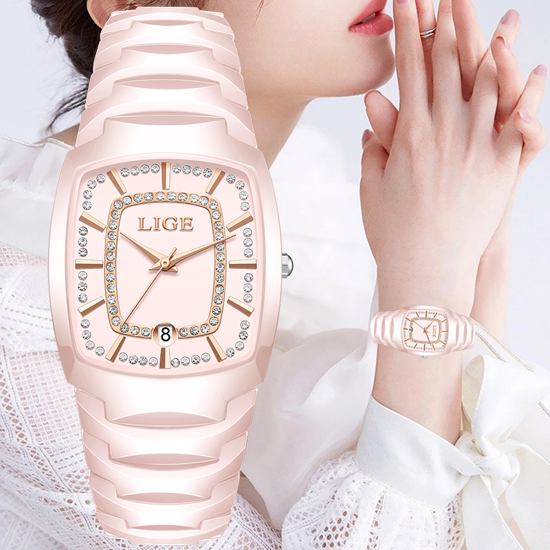 Luxury Ceramic Watch - LIGE エレガントな高級クォーツ時計女性用クラシックファッションカジュアルセラミックストラップ自動日付防水女性用腕時計レディースギフト