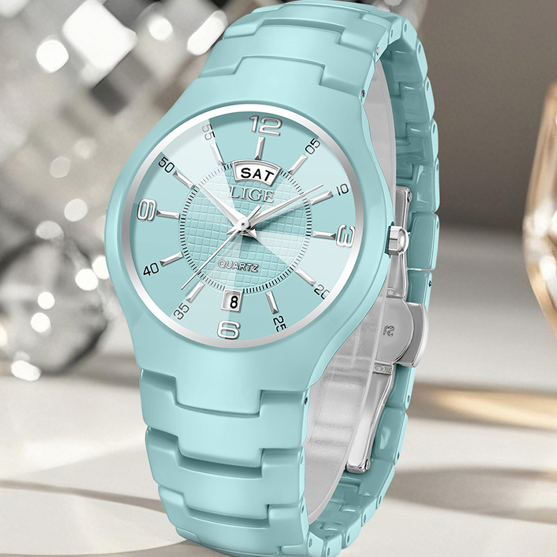 Luxury Ceramic Watch - LIGE レディース腕時計高級レディース腕時計セラミックファッションエレガントレディースウィークカレンダークォーツ時計腕時計時計リロイ + ボックス
