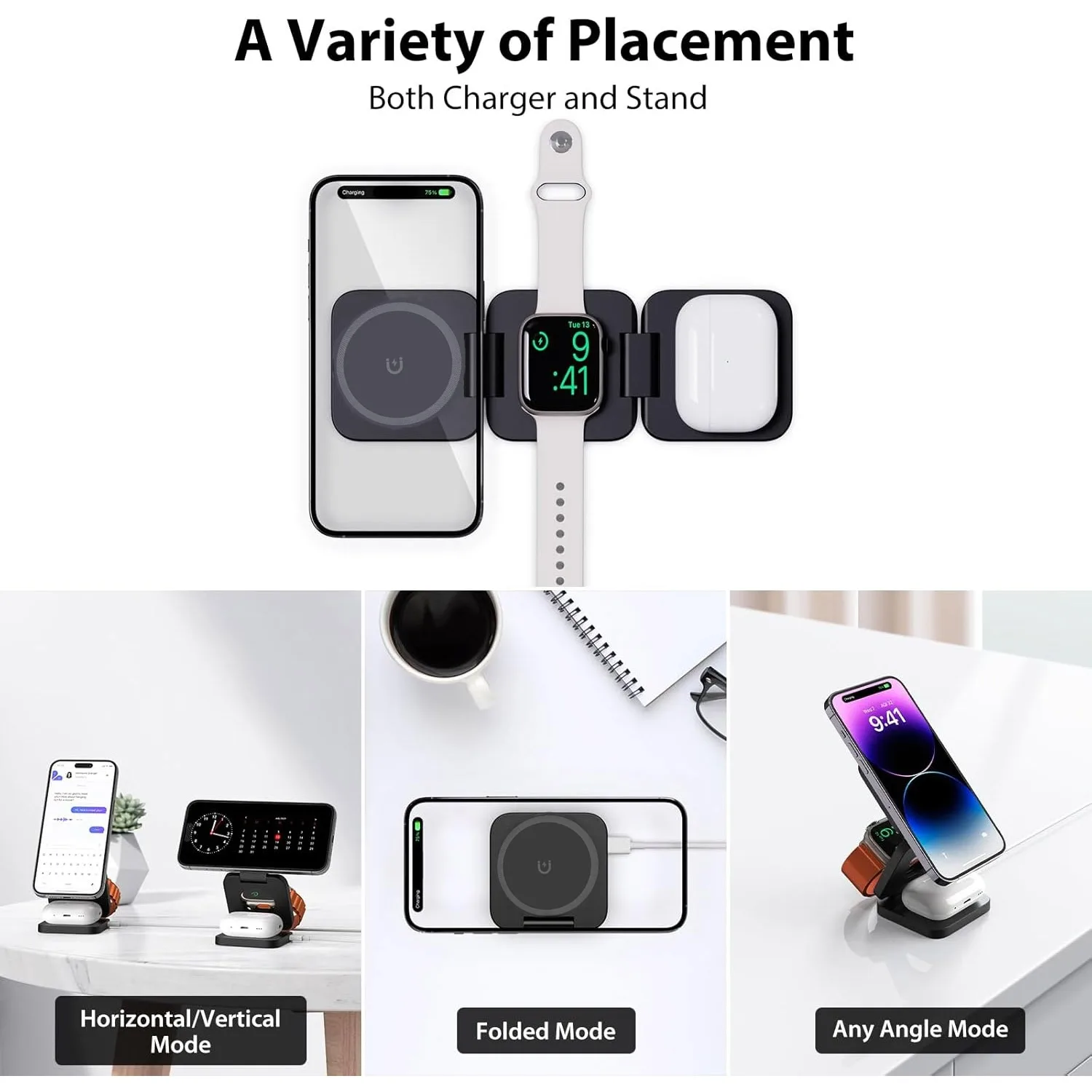 折りたたみ式3in1急速ワイヤレス充電器、iPhone 16 - Smartwatch Apple Watch のレビューと価格